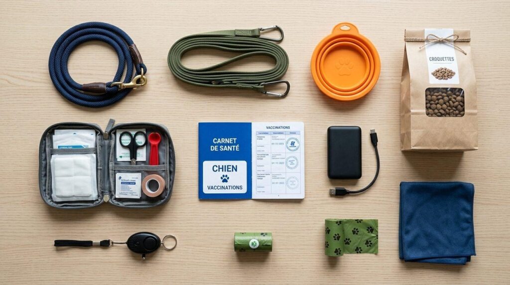 Checklist du voyage solo avec son chien à plat : laisse, longe, gamelle pliable, croquettes, trousse de soins, carnet de santé, batterie externe, alarme personnelle porte-clés, sacs à déjections et serviette