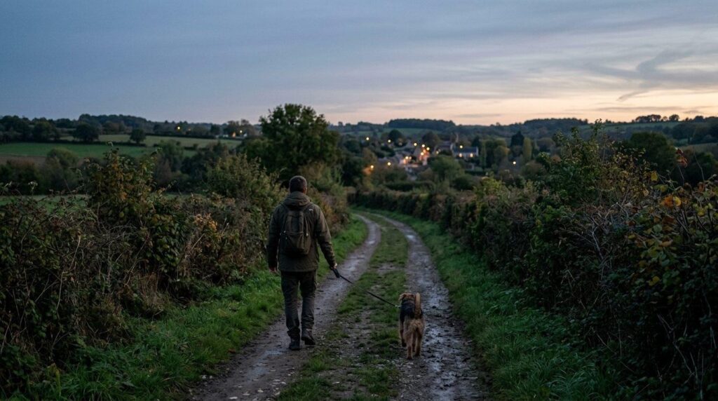 Personne seule promenant son chien en laisse sur un chemin de campagne à la tombée de la nuit, village éclairé au loin